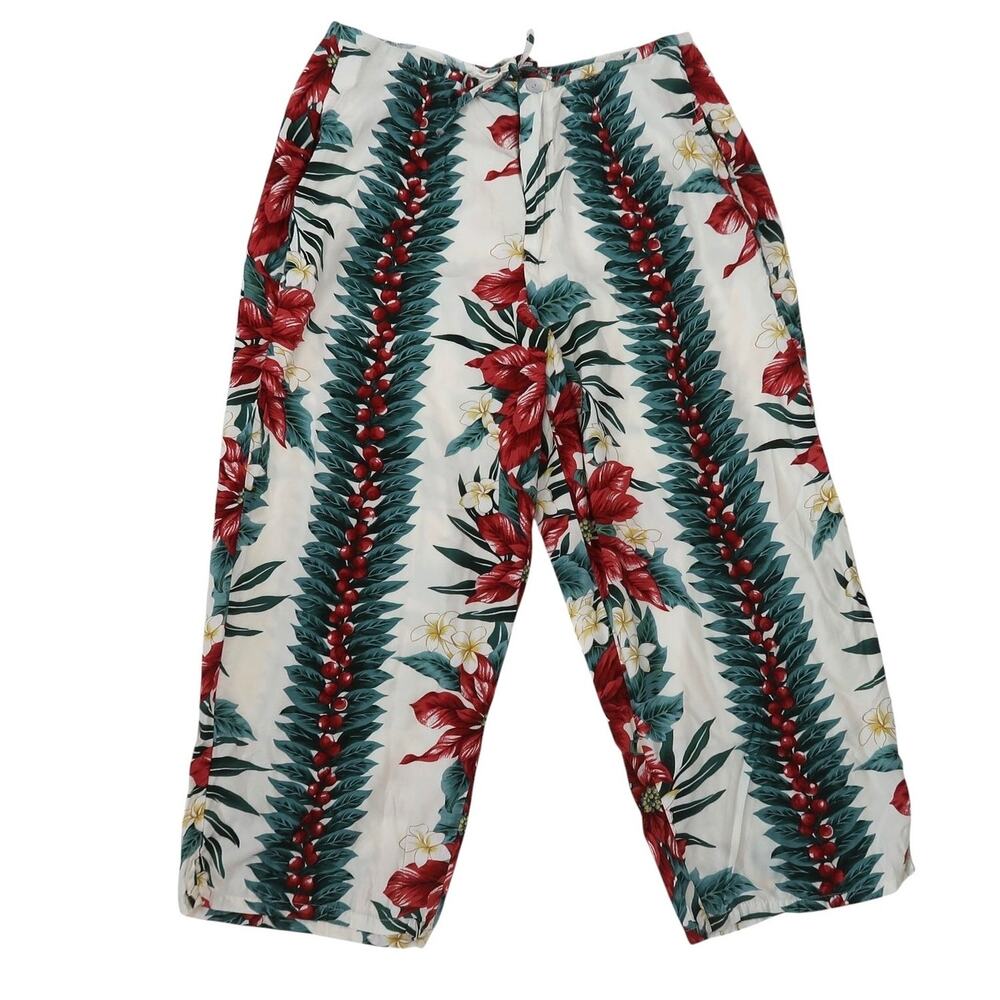 Vintage Hilo Hattie White Red Green Tropical Floral Capri Pants M
